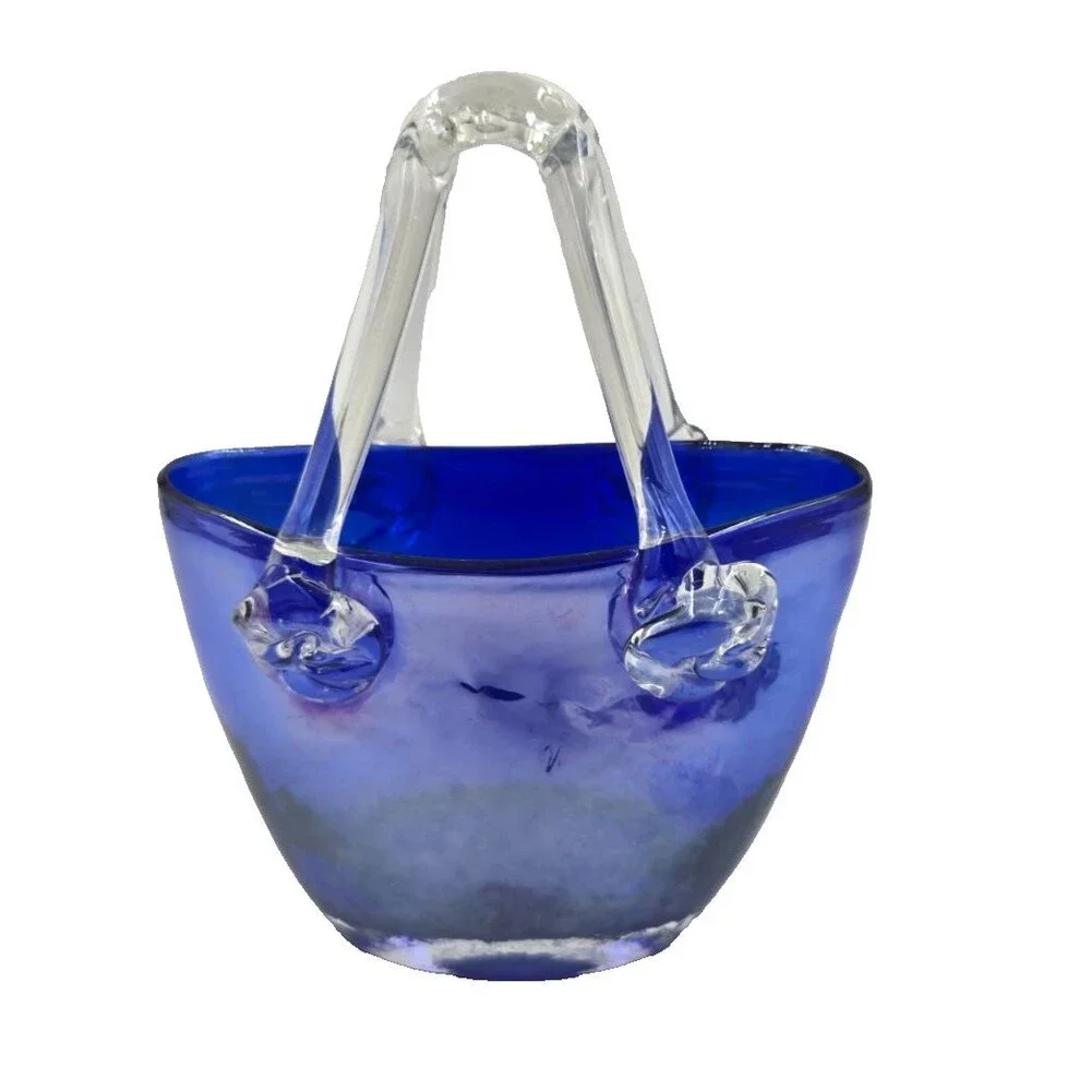 Vintage Hand Blown Cobalt Blue Glass Basket Applied Handle UNIQUE SHAPE MURANO ?